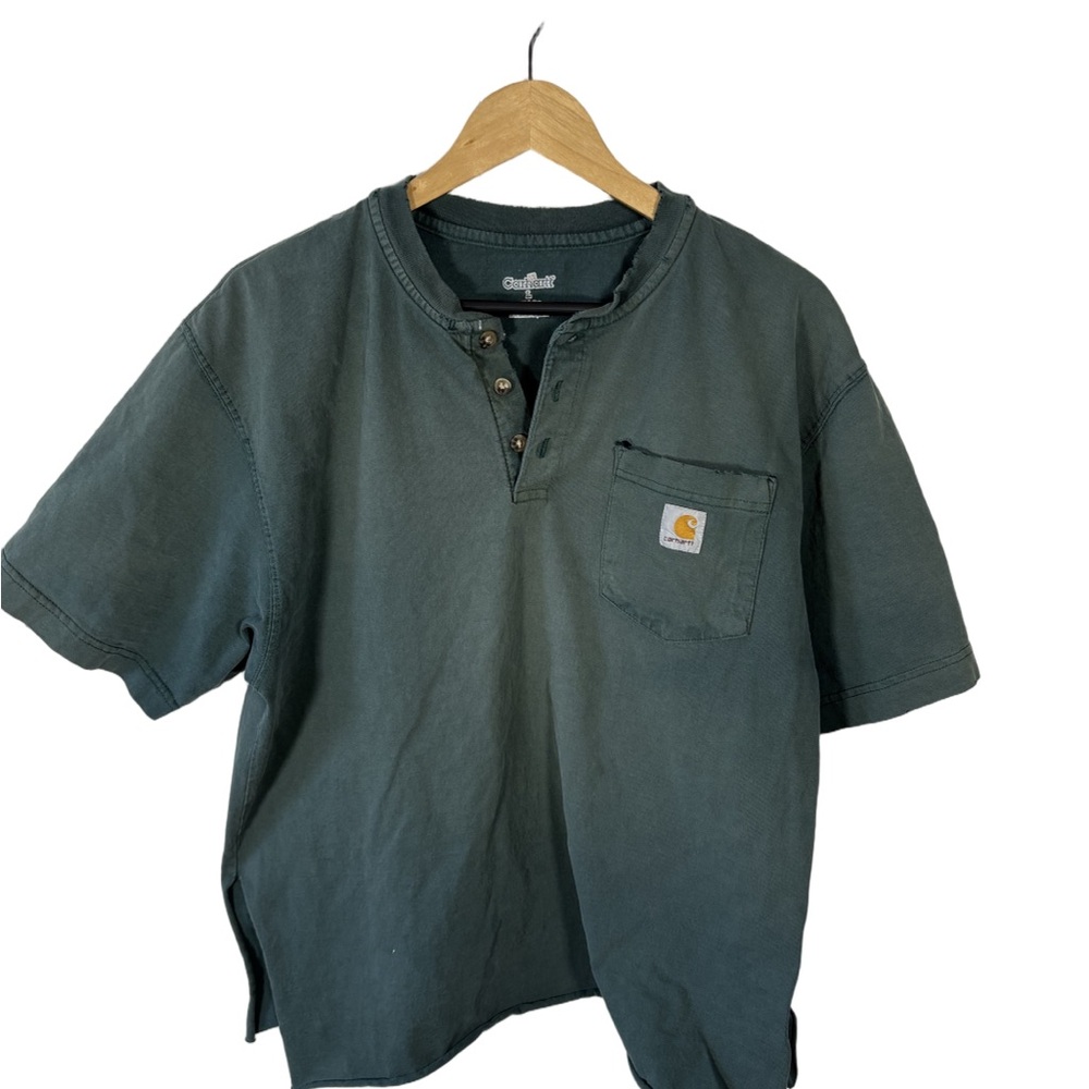 Carhartt Workwear Henley T-Shirt Green Distressed Heavyweight L